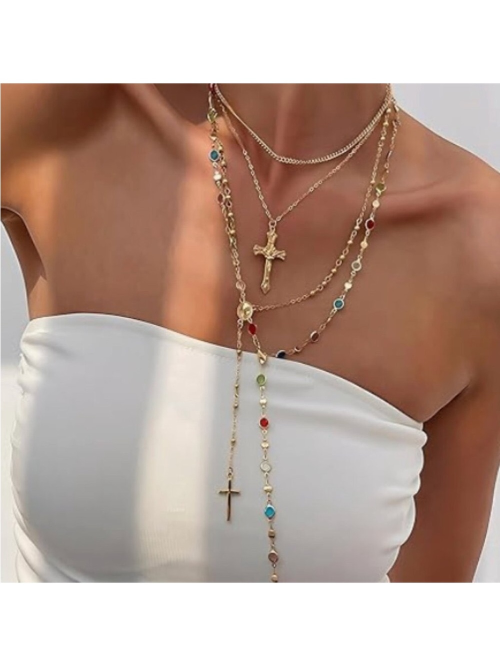 24k Gold Plated Beaded layered cross necklace new